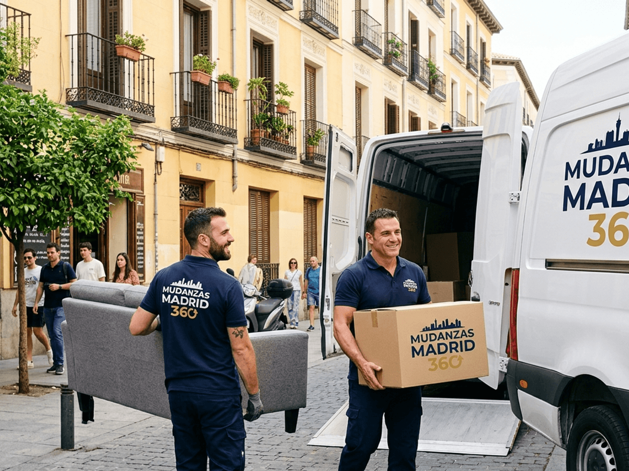 Dos operarios de Mudanzas Madrid 360 con uniforme azul marino cargando un sofá gris y una caja hacia la furgoneta blanca rotulada con el logotipo de la empresa en una calle de Madrid